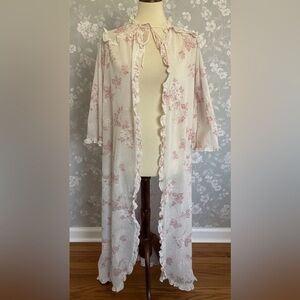 Miss Elaine Vintage Pink & White Floral Ruffle Trim Cottagecore Robe Size Small